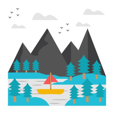 Bir tekne ve nehrin vektör görüntüsü.