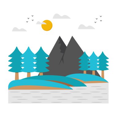 Ağaçlı, güneşli ve dağlı düz orman manzarası