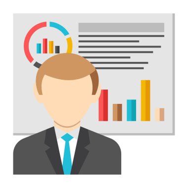 Dizüstü bilgisayarı ve grafik vektör çizimi olan iş adamı