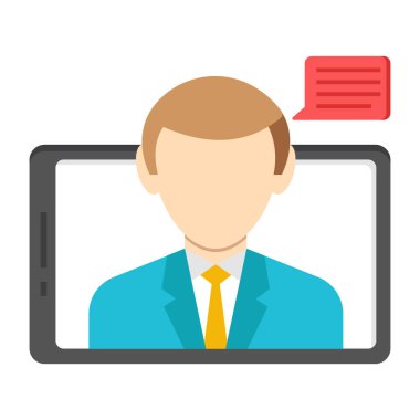 Tablet ve konuşma baloncukları vektör illüstrasyonuna sahip iş adamı