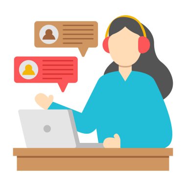 Kulaklığı ve dizüstü bilgisayarı olan kadın vektör çizimi