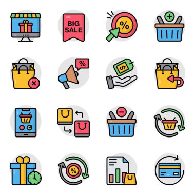 Alışveriş ve Ticaret Düz Simgeleri Seti