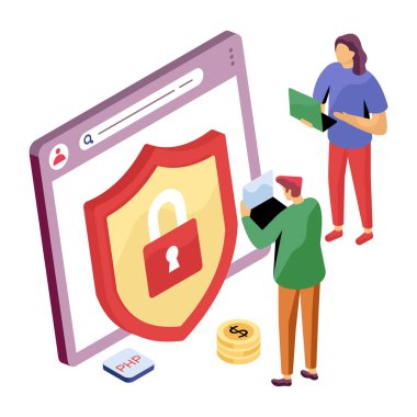 Asma kilit kalkan gösterim sistemi güvenlik illüstrasyonuna sahip monitör