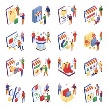 Alışveriş ve Ticaret Isometric Illustrations seti 