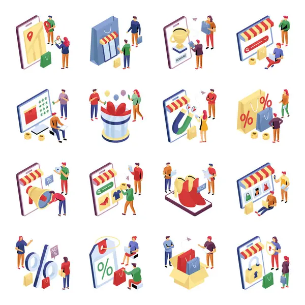 Alışveriş ve Ticaret Isometric Illustrations seti 