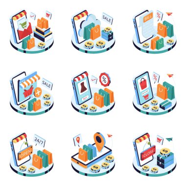 Ticari Isometric Illustrations seti