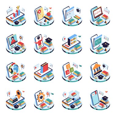 Eğitim ve Öğrenim Isometric İllüstrasyon Seti