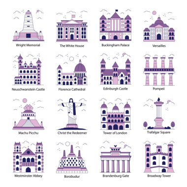 Tarihi Mimari Düz Simgeler Seti