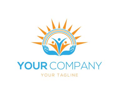 Güneş Logosu Tasarım Vektörü İllüstrasyonlu Yaratıcı Mutlu İnsanlar.