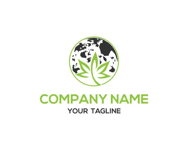Dünya haritası yeşil kenevir yapraklarından yapılmıştır soyut logo tasarım vektörü şablonu.