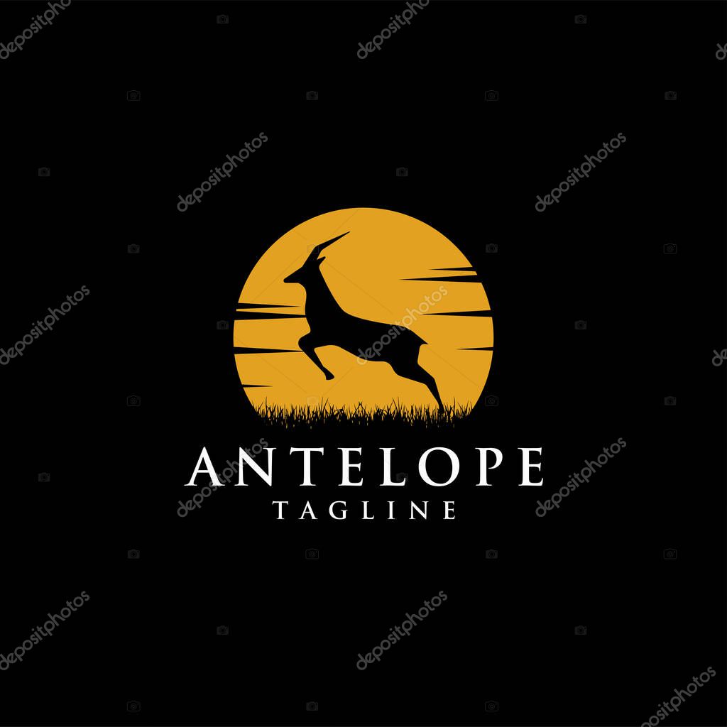 Jumping antelope at the moon light logo illustration vector template on black background