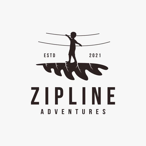 Boy Walk Oak Leaf Game Park Logo Zipline Adventure Game — Stock Vector