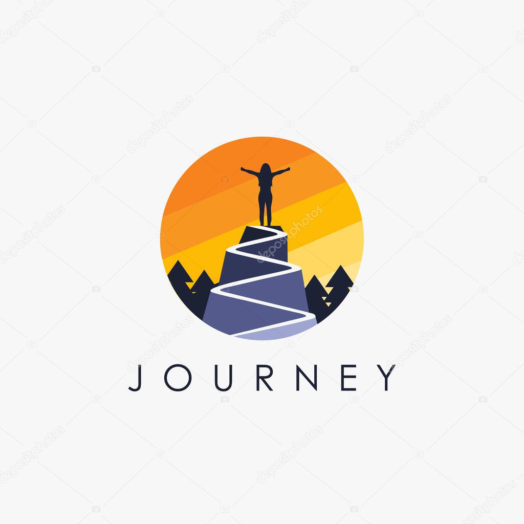 Woman on a mountain peak logo, freedom logo icon vector template on white background