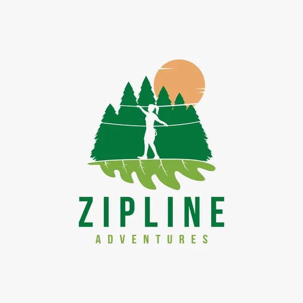 Woman Walk Oak Leaf Game Park Logo Zipline Adventure Game — Stock Vector