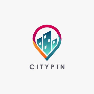 Beyaz arkaplanda şehir binası Harita Pin logo vektör şablonu