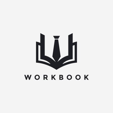 Çalışma kitabı logo vektörü şablonu için beyaz arkaplan üzerindeki soyut harf w, kravat ve kitap