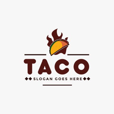 Taco ve yangın, sıcak taco Meksika restoranı amblemi hipster klasik logosu.