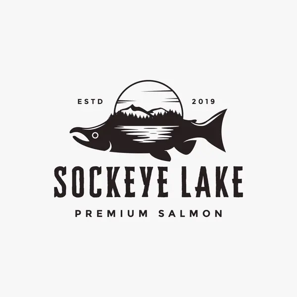 Vintage Hipster Retro Sockeye Salmon Lake Landscape Logo Icon Vector — Stock Vector