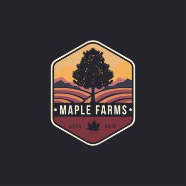 Klasik hipster amblemi akçaağaç ve çiftlik logo ikonu vektör şablonu siyah arkaplan üzerinde