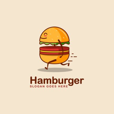 Işık arkaplan üzerinde eğlenceli, hızlı çalışan hamburger logosu vektör illüstrasyonu