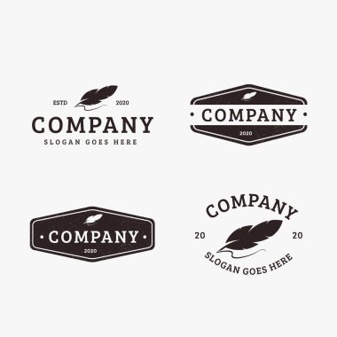 Beyaz arkaplanda eski Quill tüyü kalem logo vektör şablonu ayarlandı