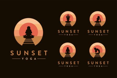 Yoga poz logosu seti, gün batımında yoga, siyah arkaplanda plaj logosu vektör şablonu.
