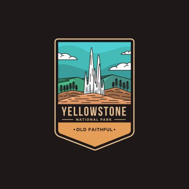 Lineart Amblem Yama logosu Eski Sadık Yellowstone Ulusal Parkı 'nın çizimi