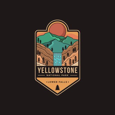 Lower Falls Yellowstone Ulusal Parkı 'nın Lineart Amblem yama logosu çizimi