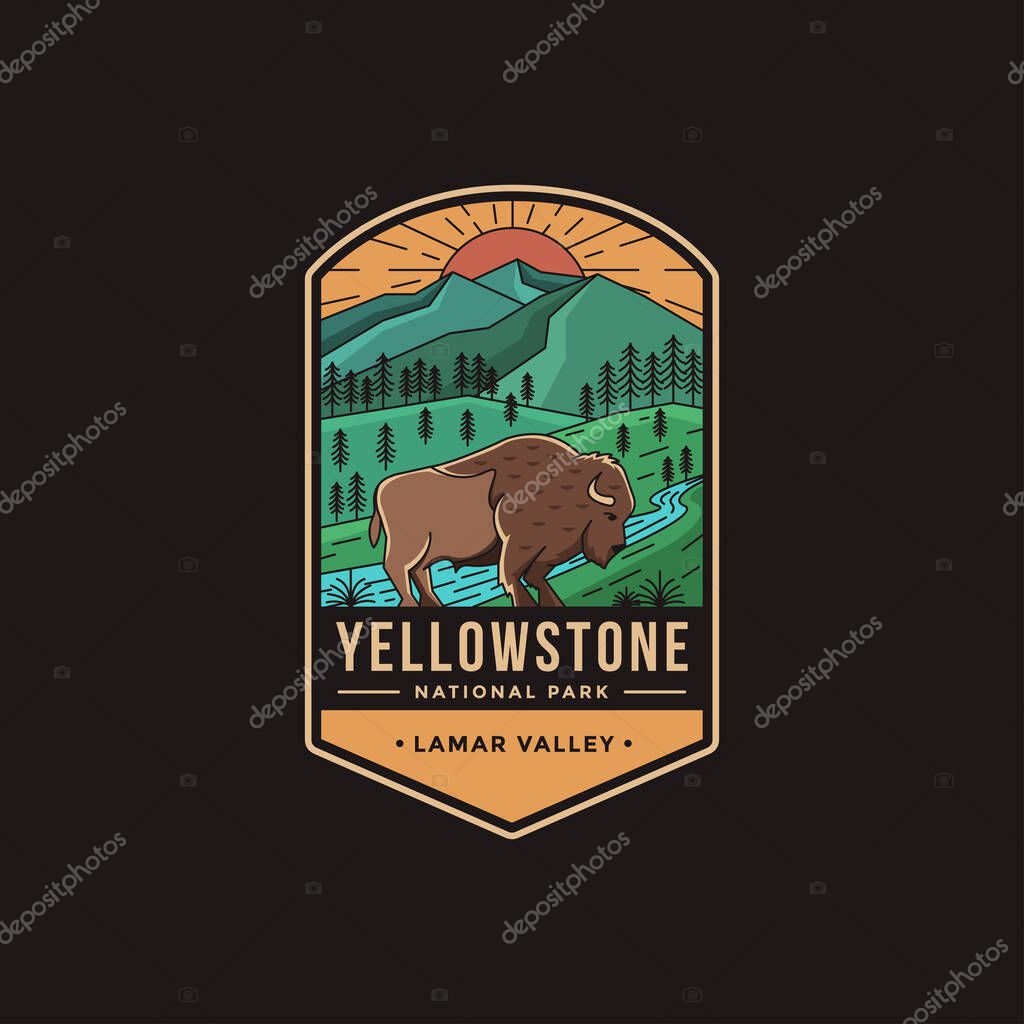 Lineart Emblem patch logo illustration of Lamar Valley Yellowstone National Park