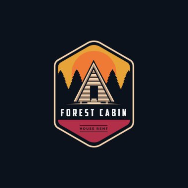 Dağ manzaralı klasik modern açık hava amblemi ve orman logo ikonu vektör şablonu ile kabin evi siyah arkaplan üzerinde