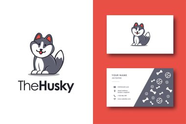 Şişko şirin Sibiryalı Husky köpek logosu maskot vektörü ve kartvizit şablonu