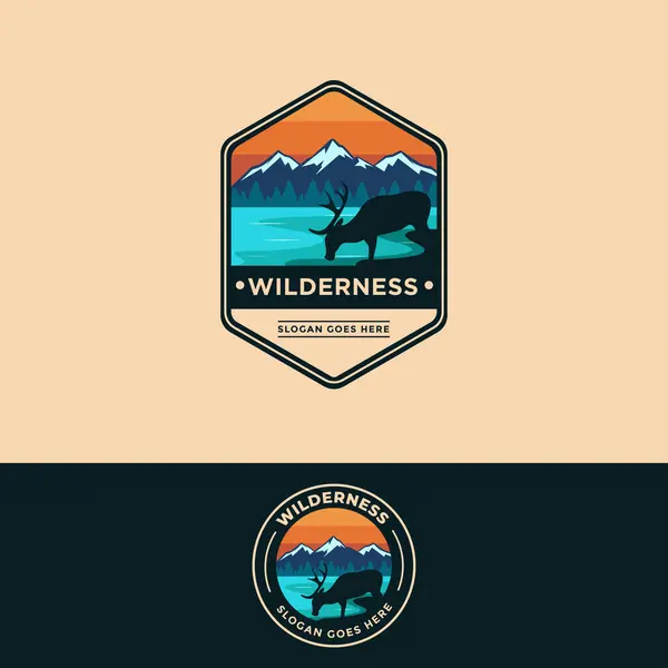 Badge Emblem Patch Wilderness Outdoor Deer Lake Mountain Landscape Logo — Stock Vector