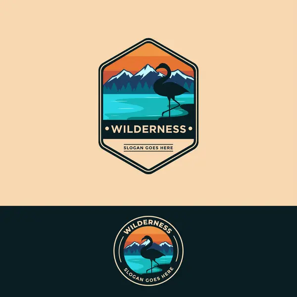 Badge Emblem Patch Wilderness Outdoor Flamingo Lake Mountain Landscape Logo — Stock Vector
