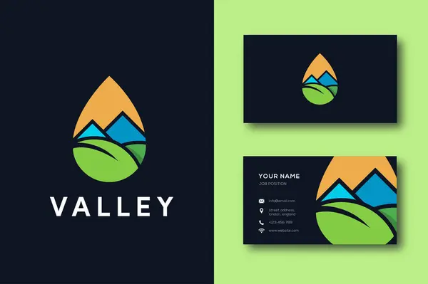 Modern abstract valley and leaf landscape logo icon vector in water droplet and business card template