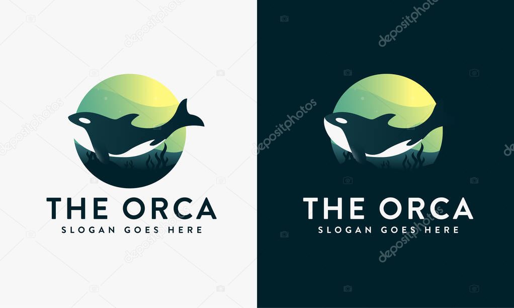 Modern scenery of sea life, underwater orca logo icon vector illustration on white background
