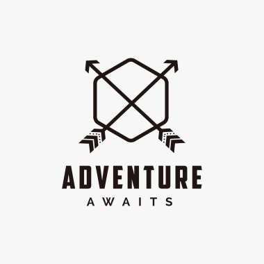 Soyut minimalist açık hava macerası, okçu avcısı, seyahat rozeti logosu ok ve altıgen şekilli vektör çizimleri şablonu.