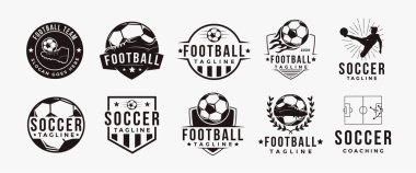 Beyaz arka planda futbol ekipmanları vektörü olan eski futbol takımı futbol takımı ligi logosu.