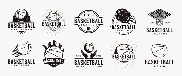 Basketbol takımı spor ligi logosu. Beyaz arka planda basketbol ekipmanı konsept ikonu vektörü.