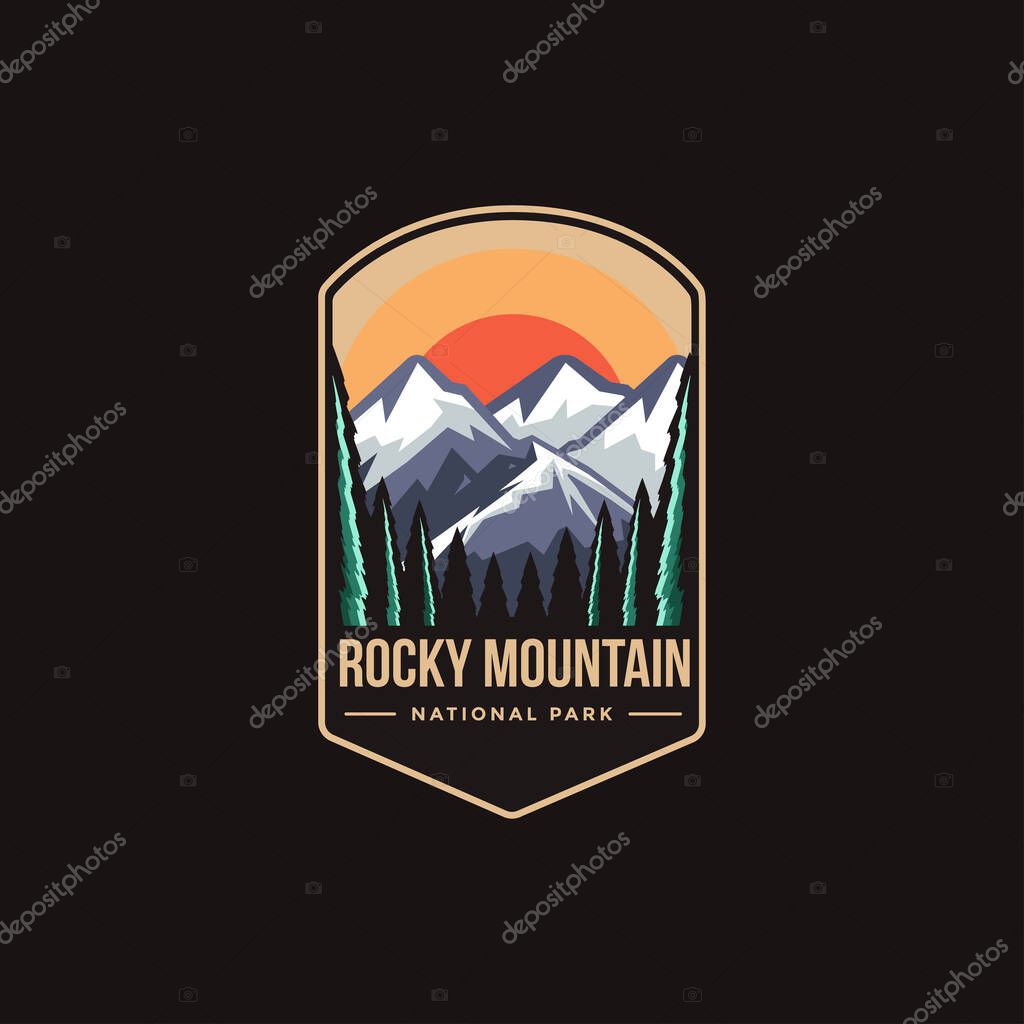 Emblem patch logo illustration of Rocky Mountain National park on dark background
