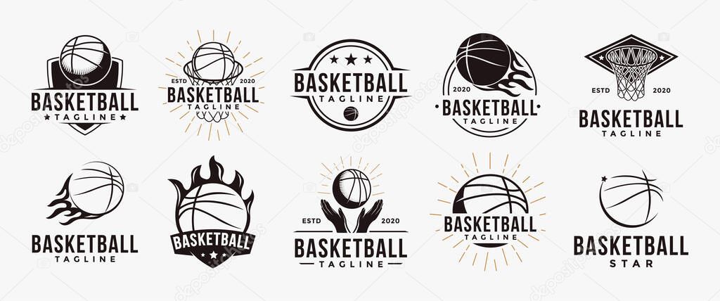 Vintage Basketball sport team club league logo with basketball equipment concept  icon vector on white background