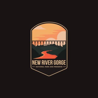 New River Gorge Ulusal Parkı 'nın amblem amblem amblemi çizimi ve koyu arkaplanda koruma