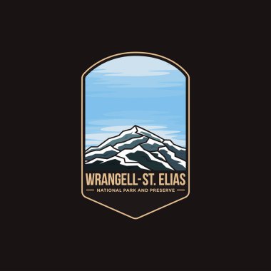 Wrangell St Elias Ulusal Parkı 'nın amblem amblem amblemi çizimi ve koyu arkaplan üzerinde koruma