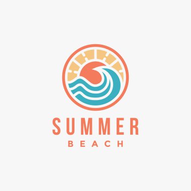 Beyaz zemin üzerinde soyut yaz plajı, güneş ve mavi dalga logo ikonu vektörü
