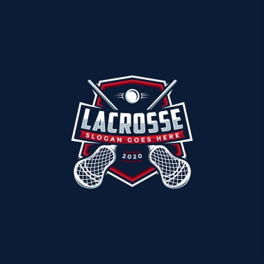 Amblem mühür rozeti lacrosse spor logosu çapraz lakros ve koyu arkaplanda kalkan vektör simgesi