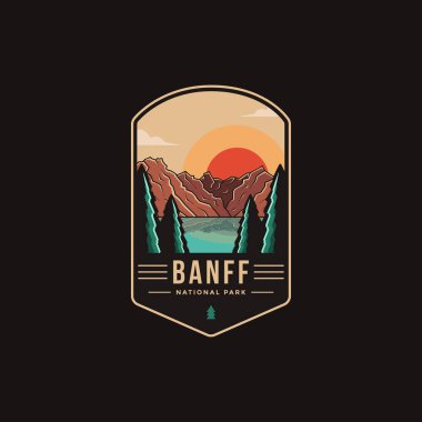 Banff Ulusal Parkı amblem amblem amblemi çizimi koyu arkaplan üzerinde