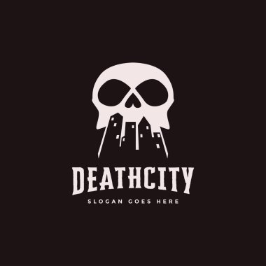 Kafatası ve şehir manzarası, terk edilmiş korku şehri logosu arka planda.