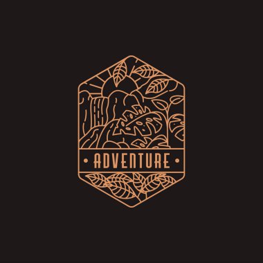 Amblem ormanı ve şelale macera logosu simge vektör şablonu ve siyah arkaplan üzerinde çizgi sanatı tarzı