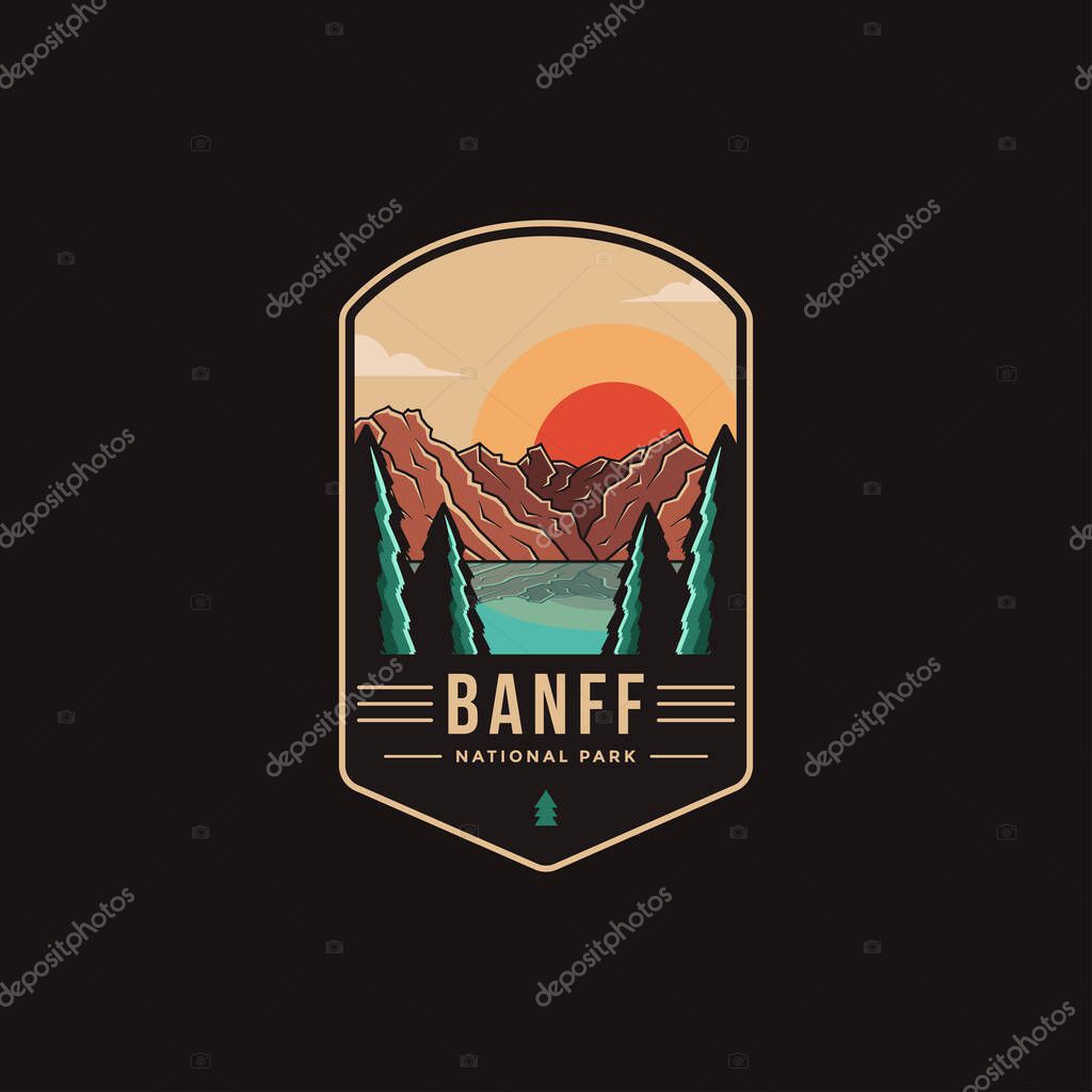 Emblem patch logo illustration of Banff National park on dark background