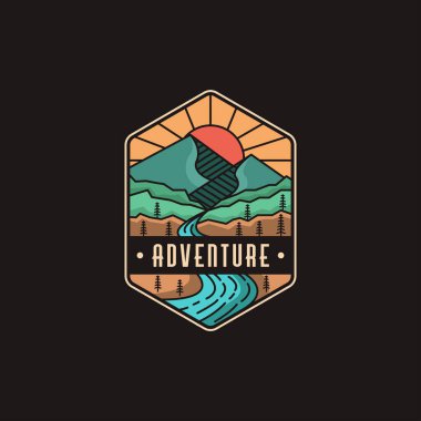 Kara arkaplanda amblem dağı ve nehir manzarası logo ikonu vektör şablonu