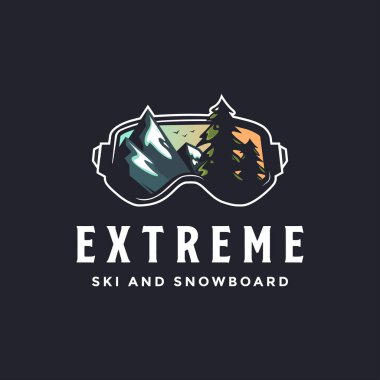 Snowboard kayak gözlüğü ve dağ konseptiyle kayak logosu taşıyıcısı.